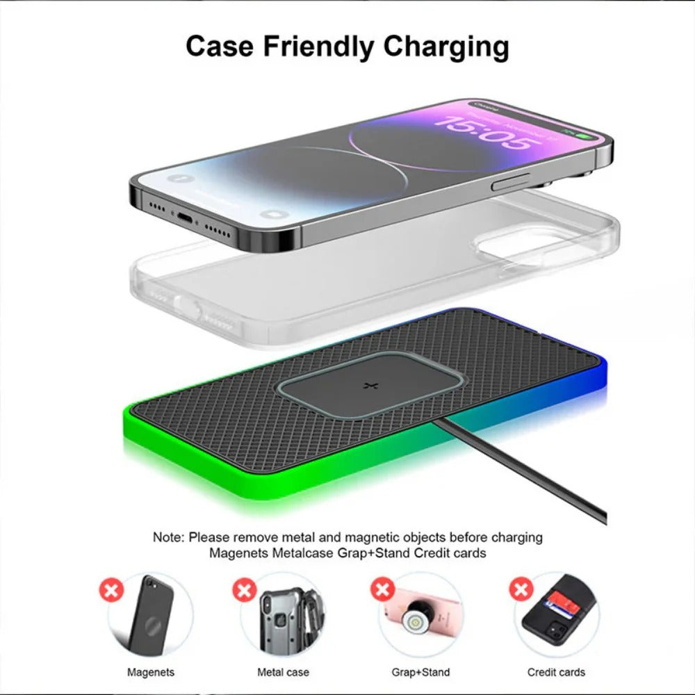 RGB Fast Wireless Charger - 15W/10W/7.5W/5W with 1M Cable for Qi-Enabled Devices