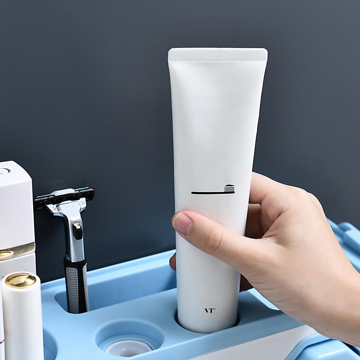 Multifunction Toothbrush Holder with Automatic Toothpaste Dispenser and Hair Dryer Rack