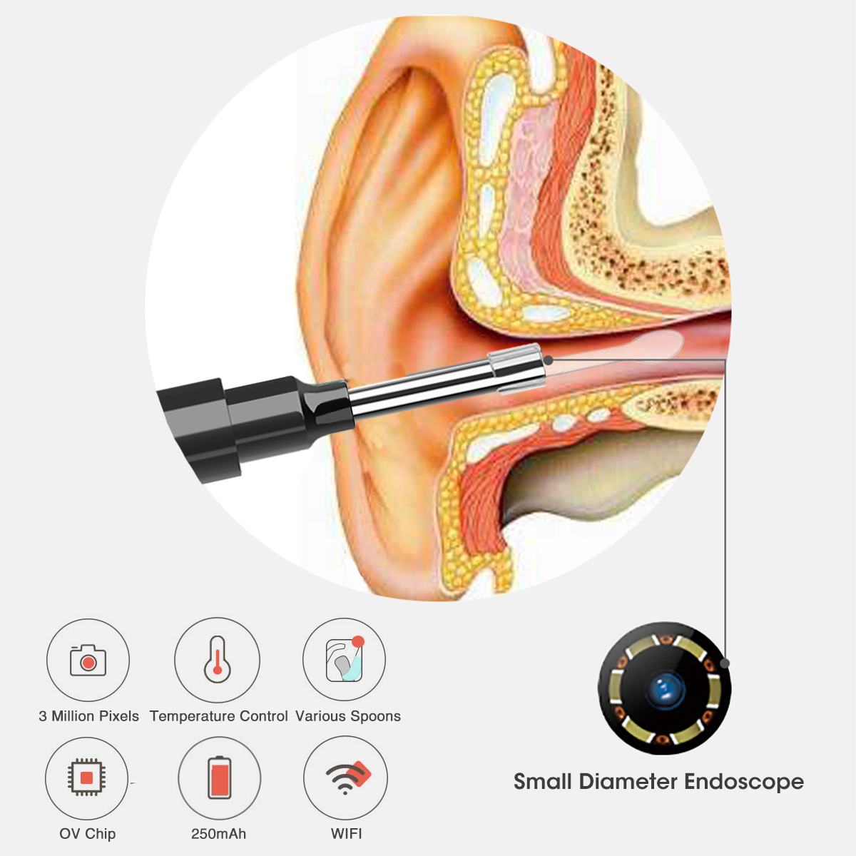 1080P Wireless Ear Wax Removal Otoscope with 360 Degree Wide Angle Camera for Visual Ear Cleaning