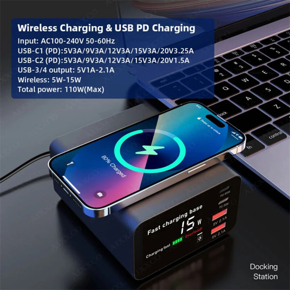 110W 4-Port USB PD Charger: 2 USB-A, 2 USB-C, Fast Wireless Charging Station, EU Plug, for iPhone, Huawei, Samsung, Xiaomi