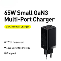 GaN3 Pro 65W 3-Port USB PD Charger with 100W Type-C Cable - Fast Charging Adapter