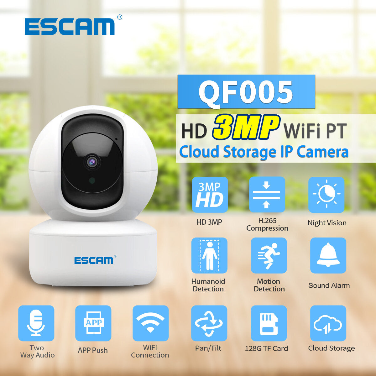 3MP WiFi IP Camera with Humanoid Detection, Motion Detection, Sound Alarm, Cloud Storage, Two-Way Voice, Night Vision