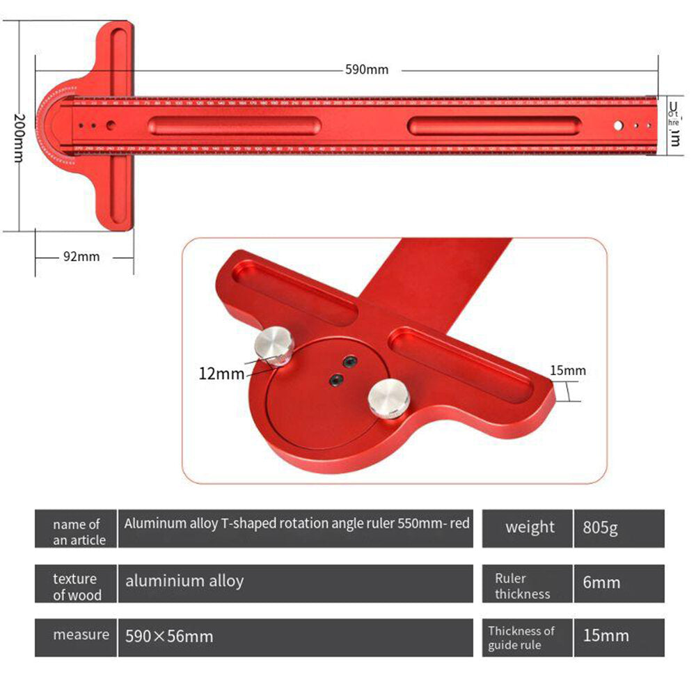 Aluminum Alloy Woodworking Edge Ruler & Protractor for Carpentry