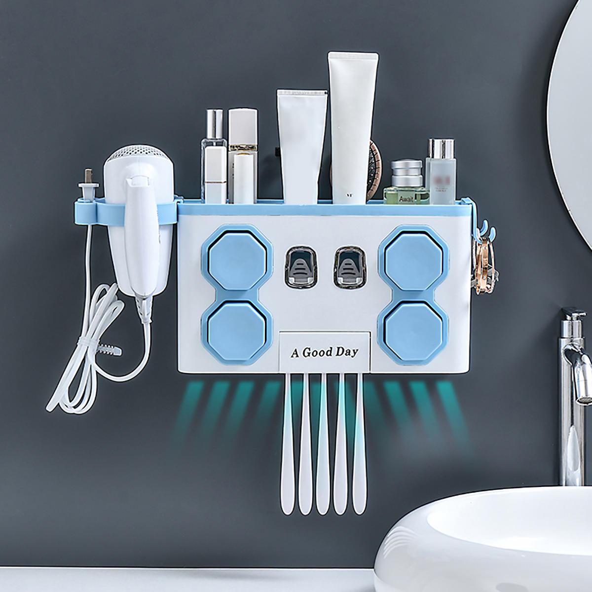 Multifunction Toothbrush Holder with Automatic Toothpaste Dispenser and Hair Dryer Rack