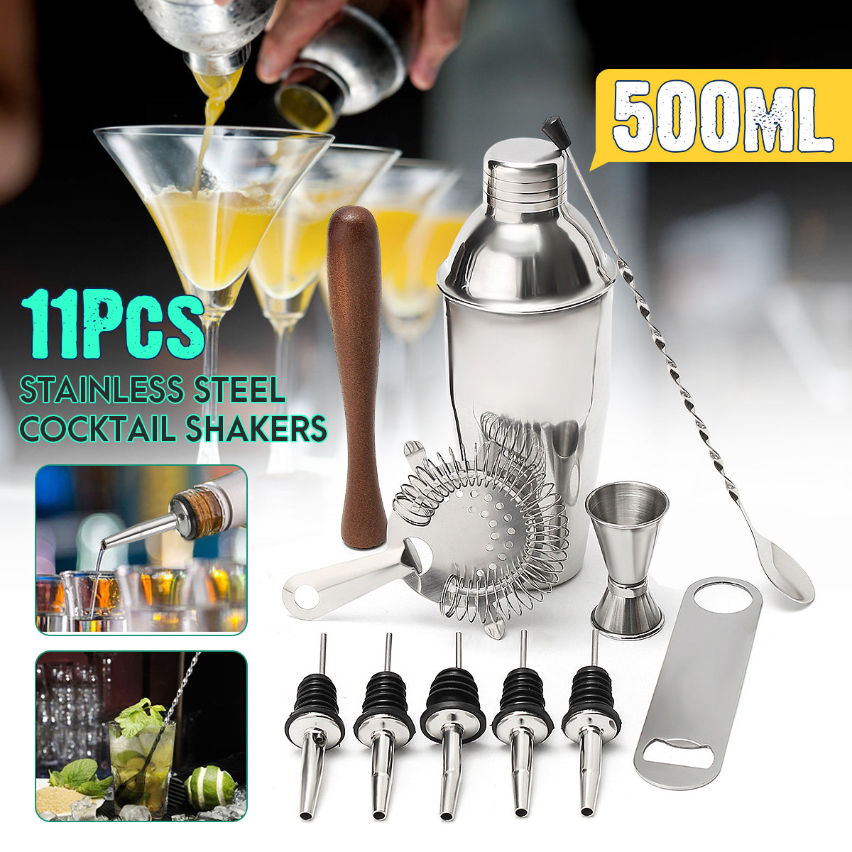 11-Piece Stainless Steel Bartender Set: Cocktail Shaker, Mixer, Martini Muddler, Pourer, Strainer