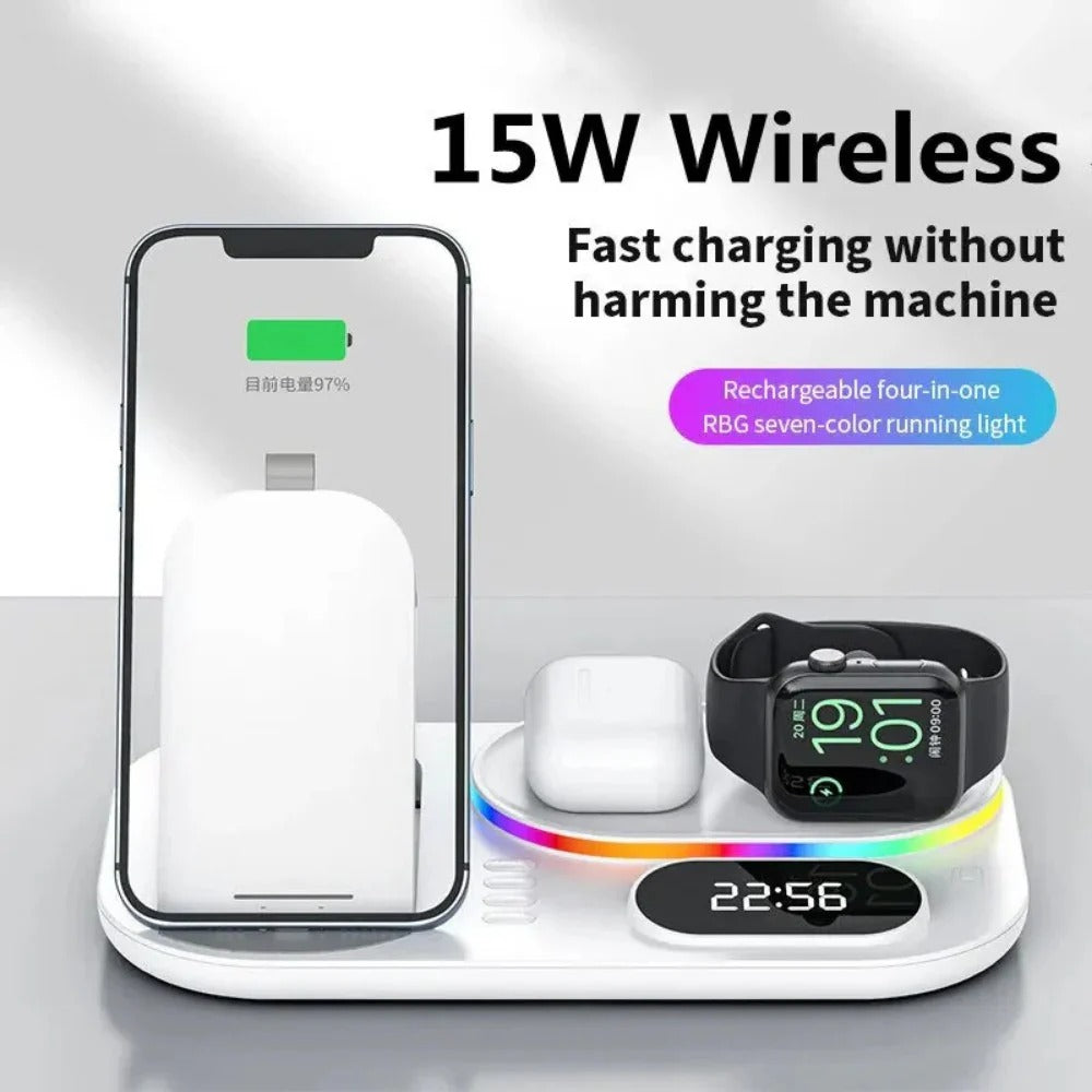 15W 4-in-1 Wireless Charger with Digital Clock & RGB Lights for iPhone, Samsung, Huawei, Xiaomi, AirPods, Apple Watch