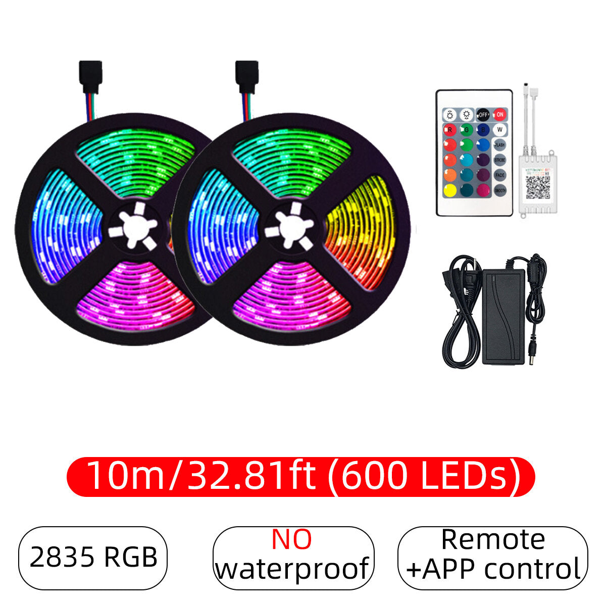 10 m/15 m Bluetooth RGB-LED-Lichtstreifen, 32,81 ft/49,21 ft, nicht wasserdicht, 2835, flexibel, 24-Tasten-Fernbedienung, DC 12 V