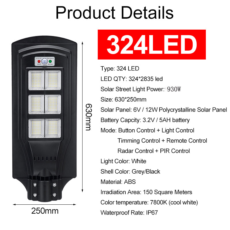 108/216/324 LED Solar Street Light with Motion Sensor and Remote Controller for Garden Wall Lamp