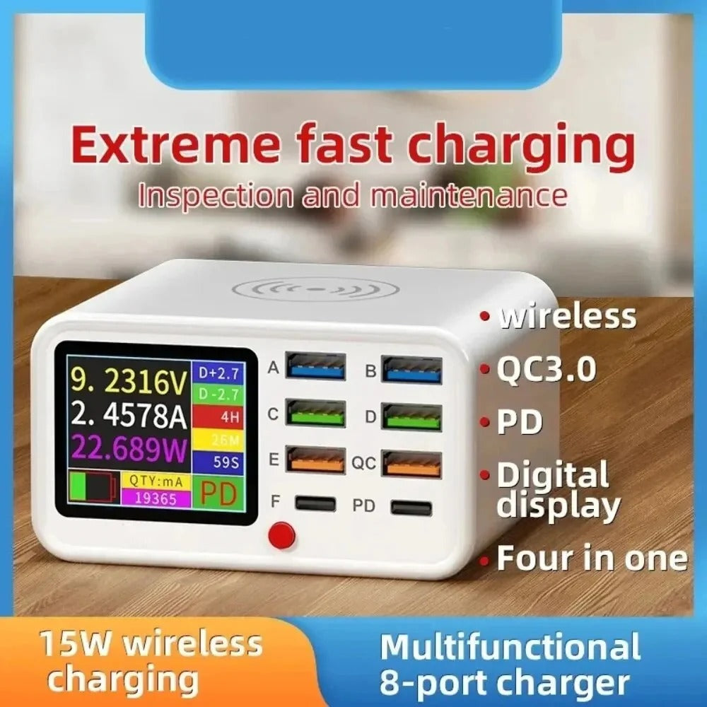 Kabelloses 8-Port-USB-Schnellladegerät mit visueller Stromerkennung für Mobilgeräte – Multifunktional