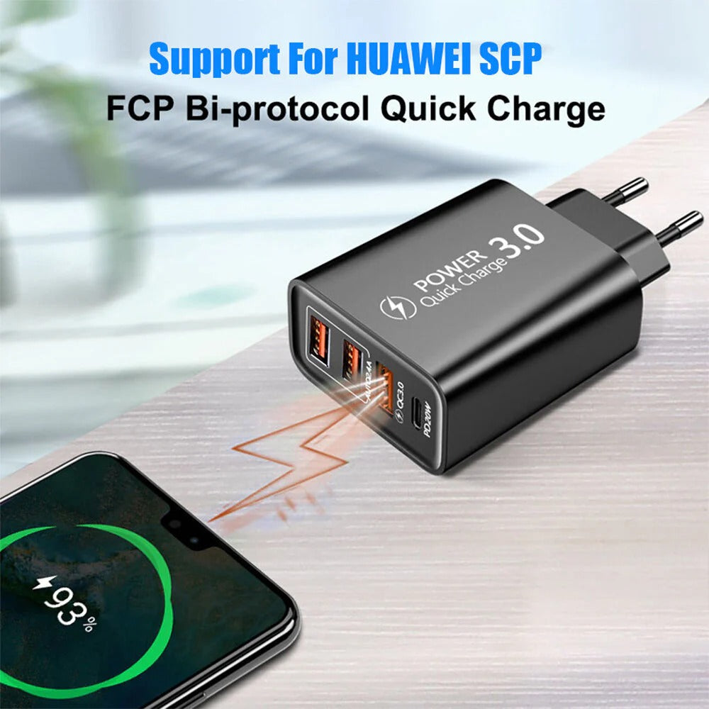 30W 4-Port USB PD Charger, Fast Charging EU Plug for iPhone, Huawei, Oppo, Samsung