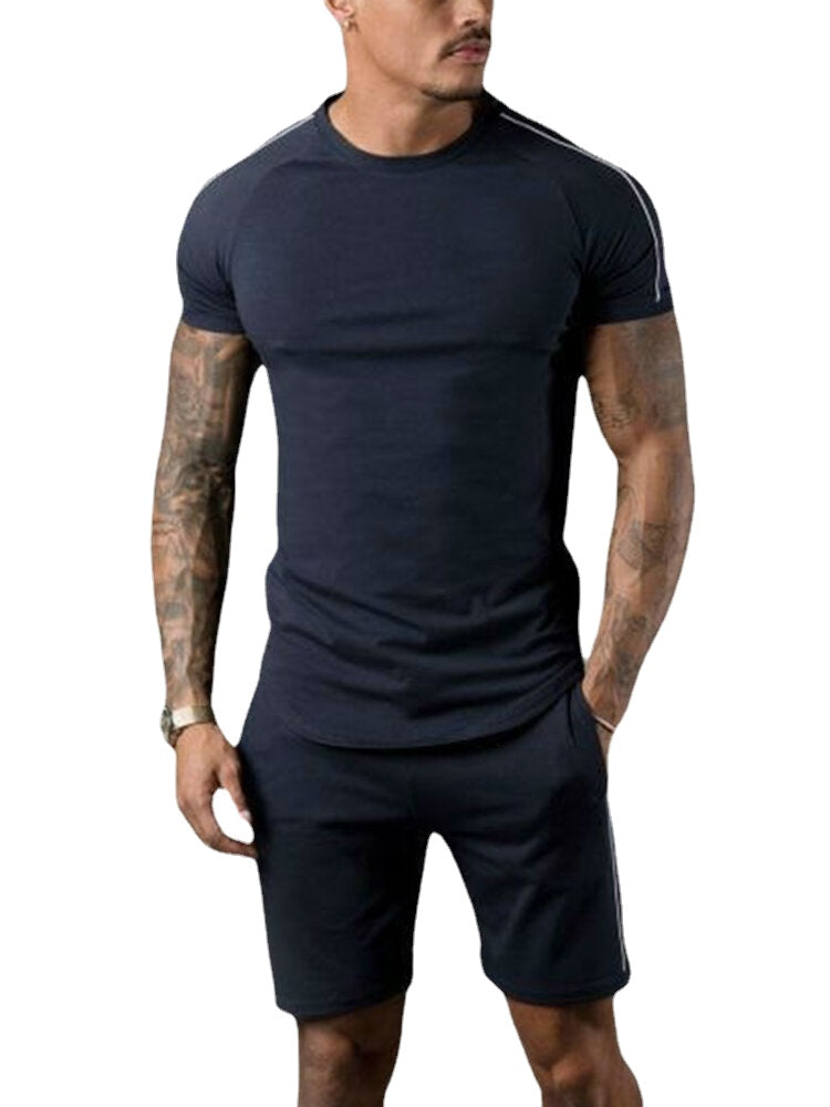 Men's Short Sleeve Striped Pocket Shorts Solid Color Two-Piece Tracksuit