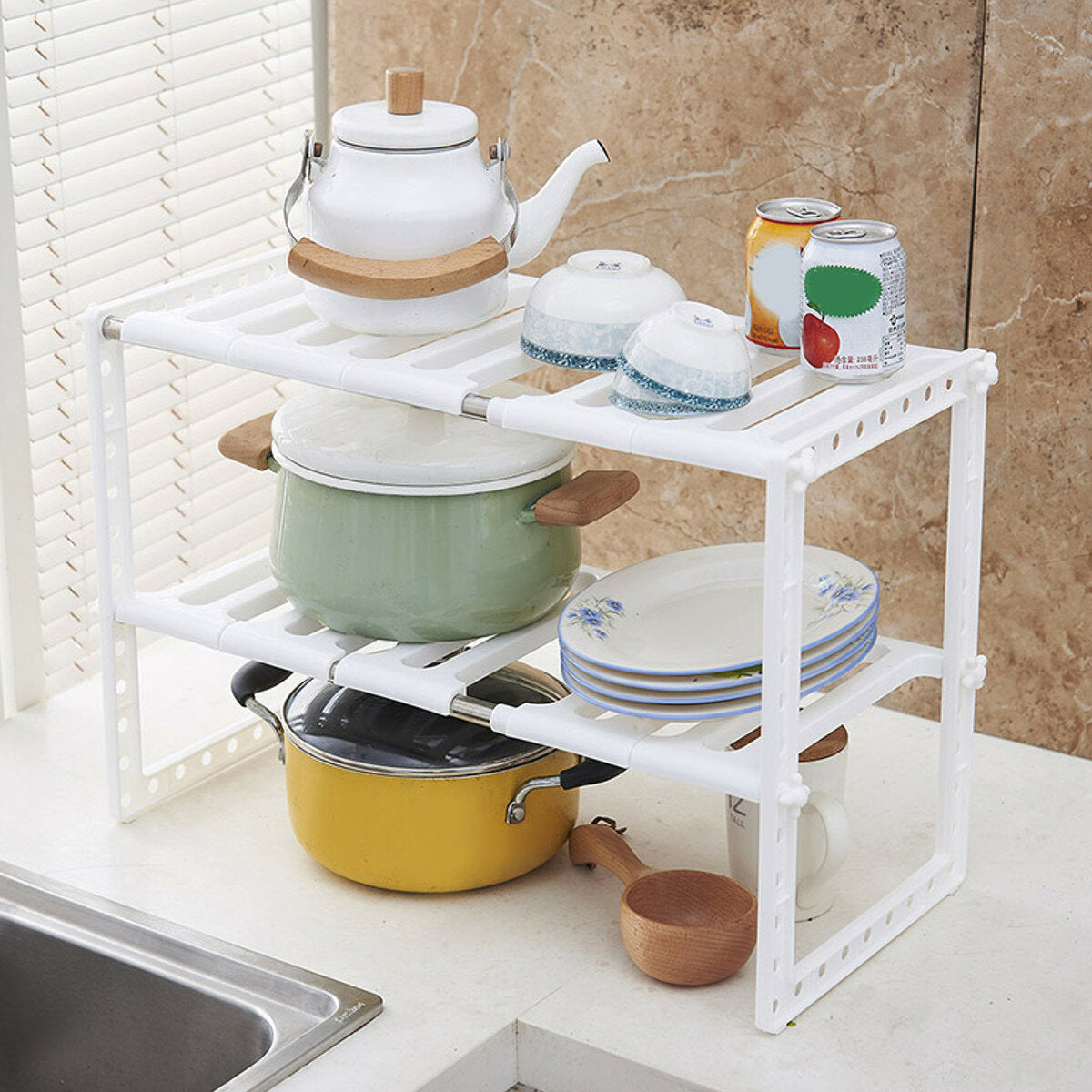 2-Tier Expandable Under Sink Cabinet Shelf Organizer for Kitchen Storage