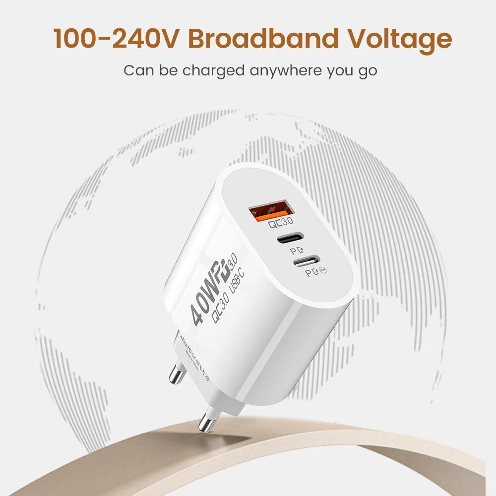 40 W 3-Port USB PD Ladegerät: Dual USB-C &amp; USB-A Schnellladeadapter für iPhone, Samsung, Huawei