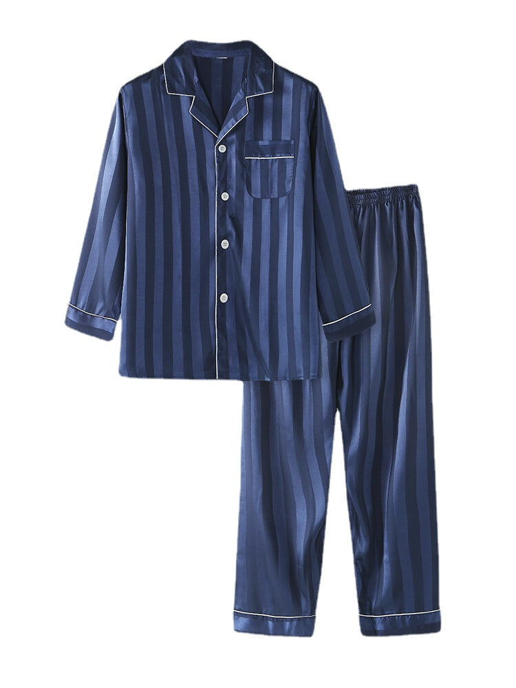 Men's Striped Jacquard Faux Silk Revere Collar Loose Lounge Pajama Set