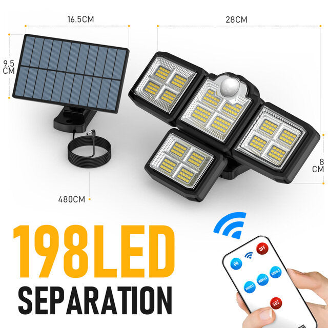 192/198 LED COB Solar Lights - 4 Head Motion Sensor, 270 Degree Wide Angle, Waterproof, Remote Control, Outdoor Garden Wall Lamp