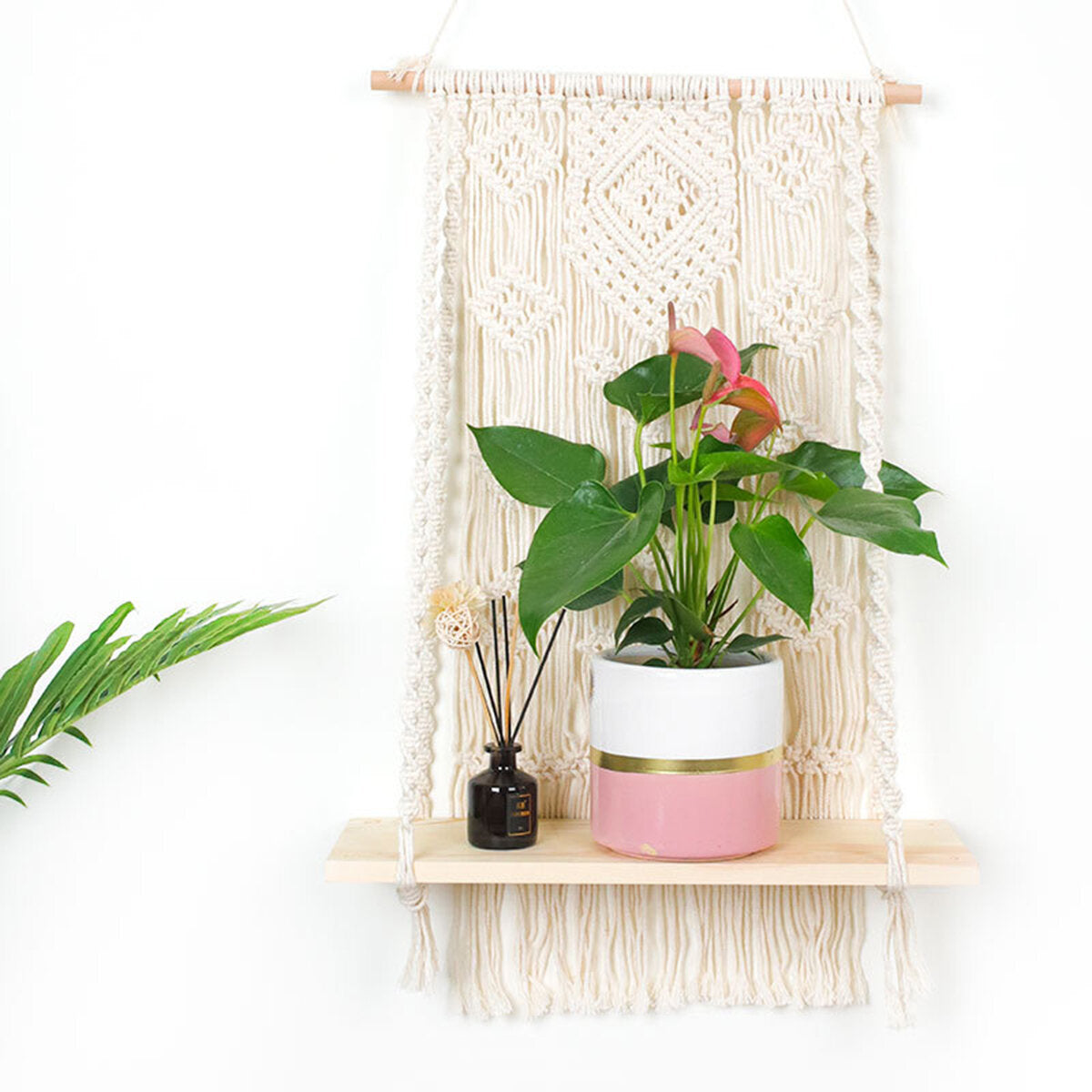 Hand-Woven Macrame Plant Hanger Basket with Wood Shelf - Room Decoration Tapestry