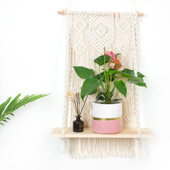 Hand-Woven Macrame Plant Hanger Basket with Wood Shelf - Room Decoration Tapestry