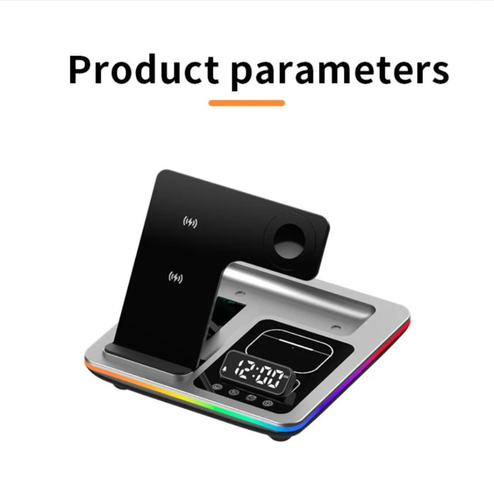 5-in-1 15W RGB Wireless Charger & Alarm Clock for iPhone, Xiaomi, Huawei, AirPods, Apple Watch