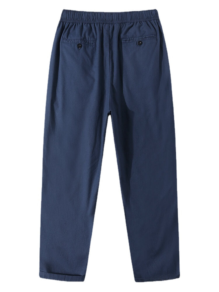 Men's Pure Color Cotton Drawstring Straight Pants with Pockets