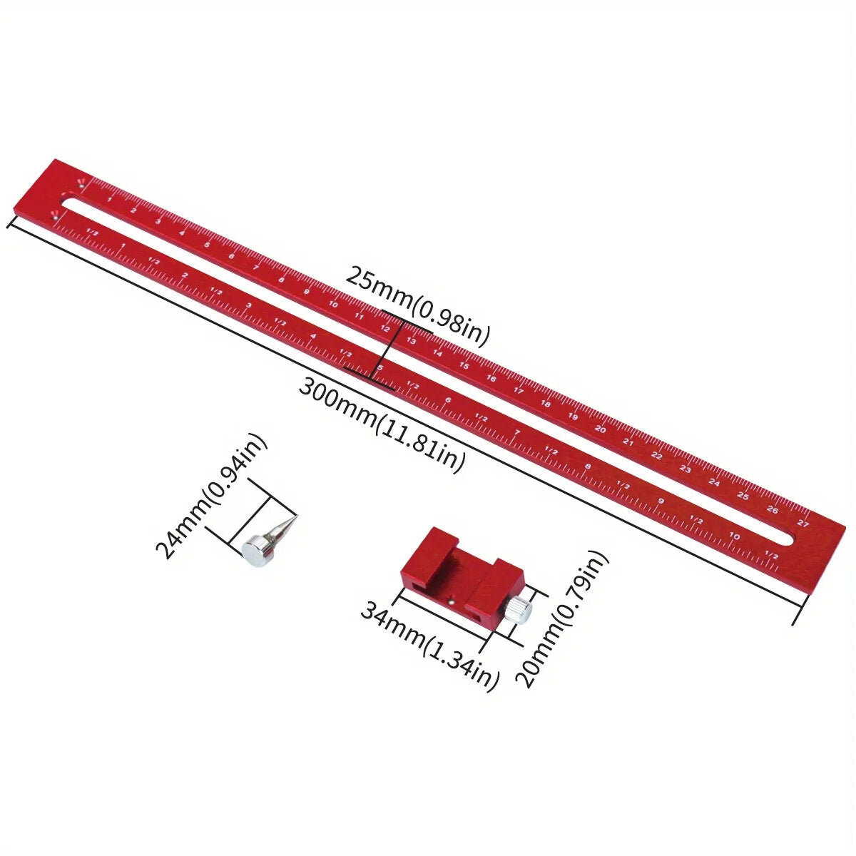 Adjustable 300mm Woodworking Ruler with Slide Stops - Metric & Inch Scale