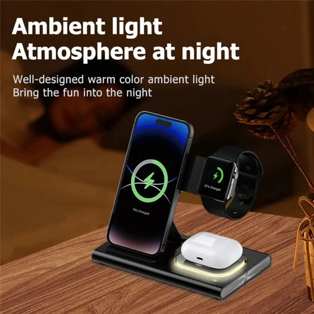 3-in-1 Wireless Charger Stand for iPhone 15/14/13/12, Samsung S23/S22, Galaxy Watch, and Buds