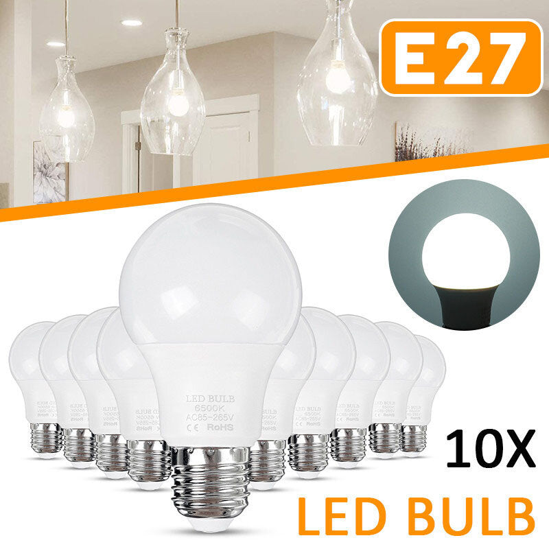 10PCS 5W E27 A60 LED Globe Light Bulbs, Pure White, No Flicker, Home Lamp, AC85-265V