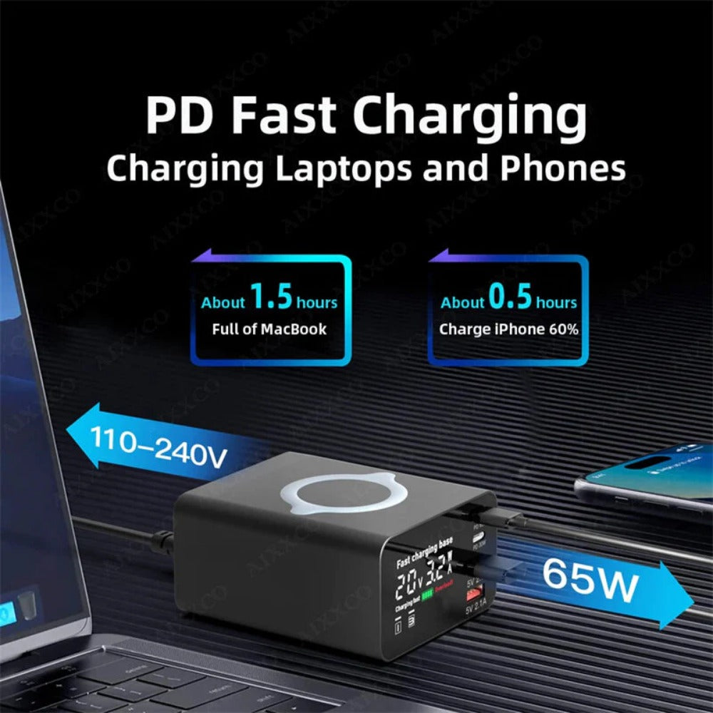 110W 4-Port USB PD Charger: 2 USB-A, 2 USB-C, Fast Wireless Charging Station, EU Plug, for iPhone, Huawei, Samsung, Xiaomi