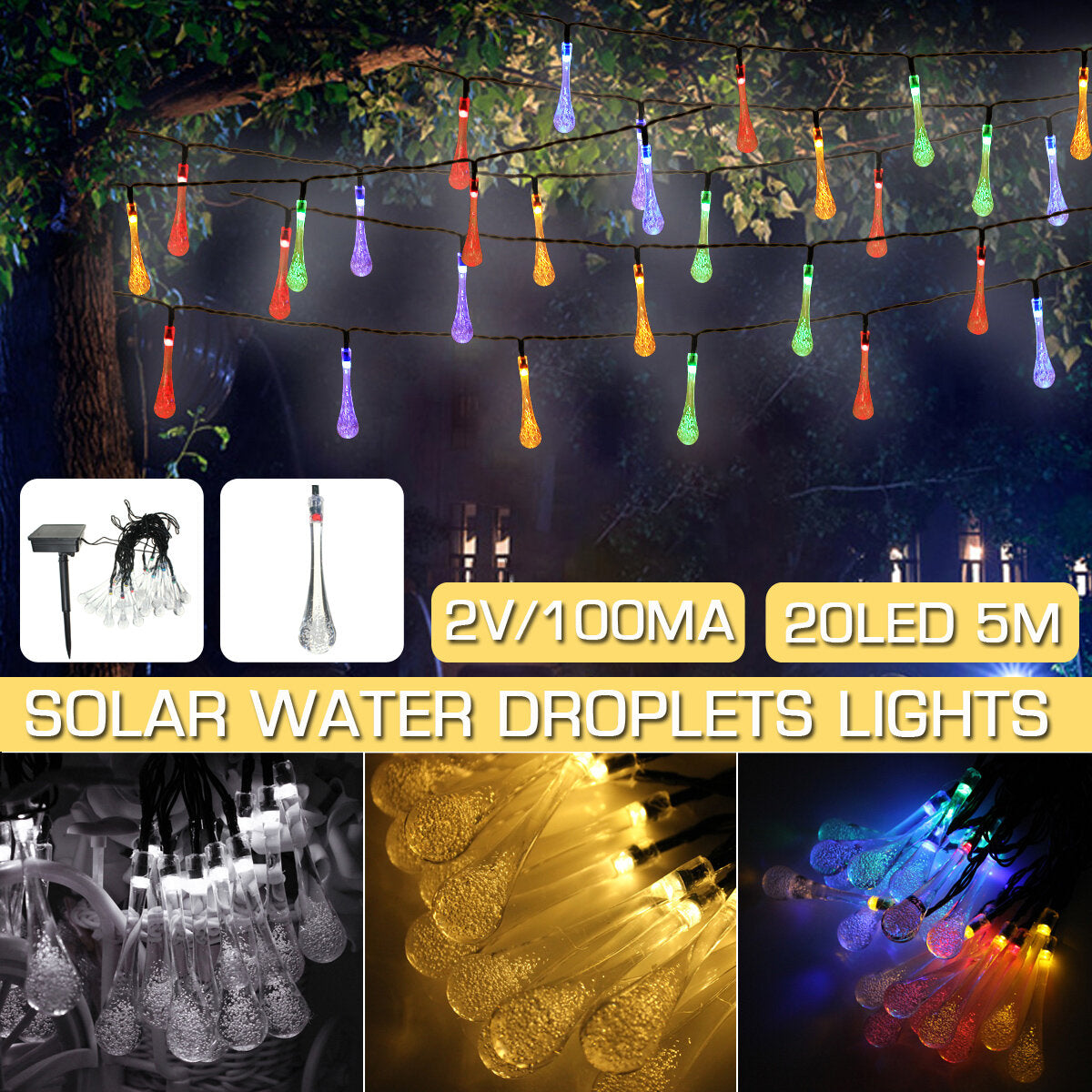 16.4FT 20 LED Solar Outdoor String Lights, 2 Modes Water Drop Fairy Lamps for Garden Christmas Decorations