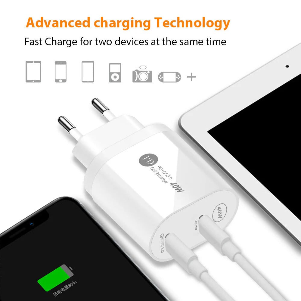 Dualer 20W USB PD QC3.0 Schnellladegerät-Adapter mit EU-Stecker für iPhone, Huawei, Samsung, Xiaomi