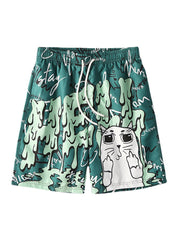 Schnelltrocknende Boardshorts für Herren mit lustigem Graffiti-Print und Netzfutter, lässiger Urlaubs-Shorts