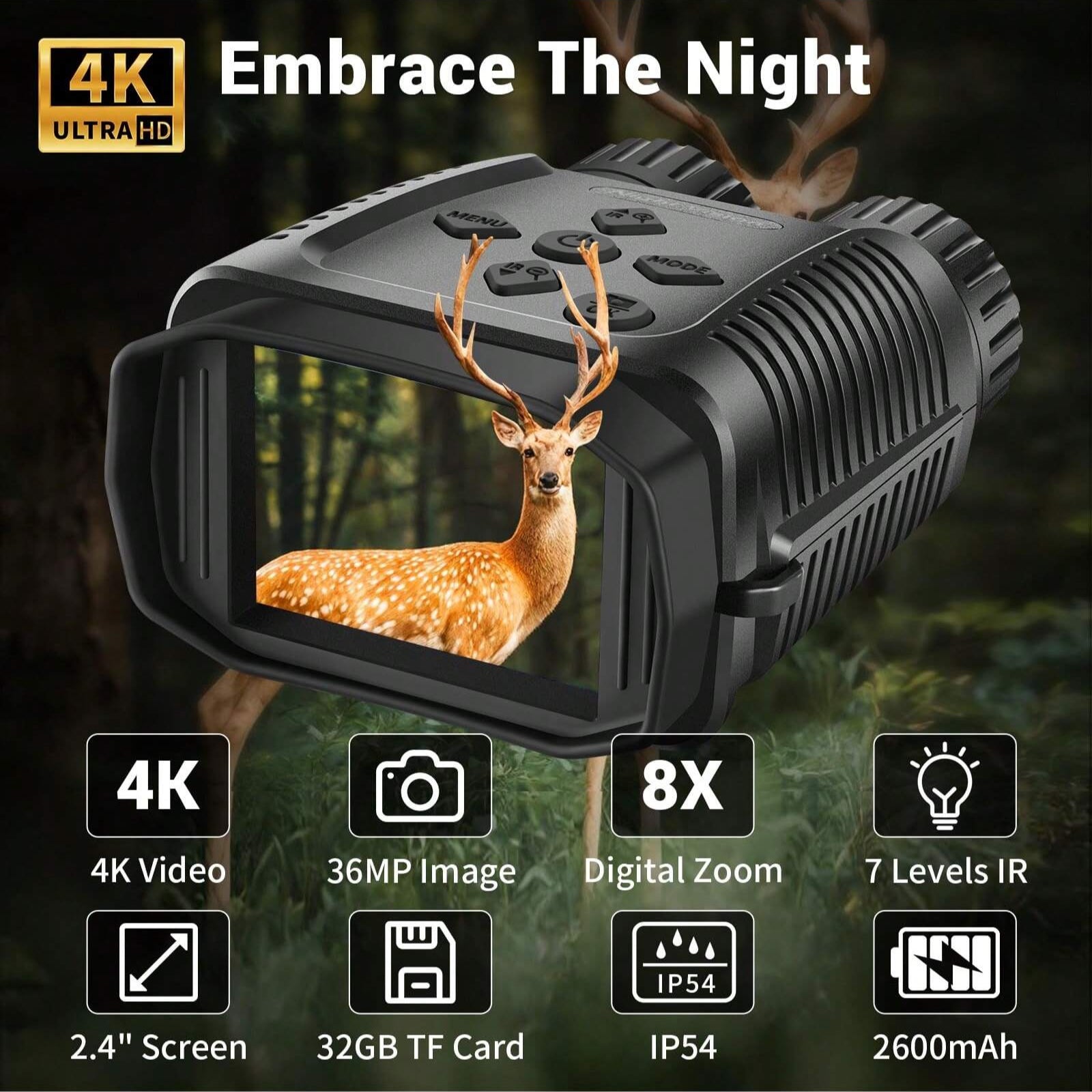 4K Mini Night Vision Goggles with Infrared Binoculars, 2.4" Screen, 8X Zoom, 7 IR Levels, 32GB Card Included