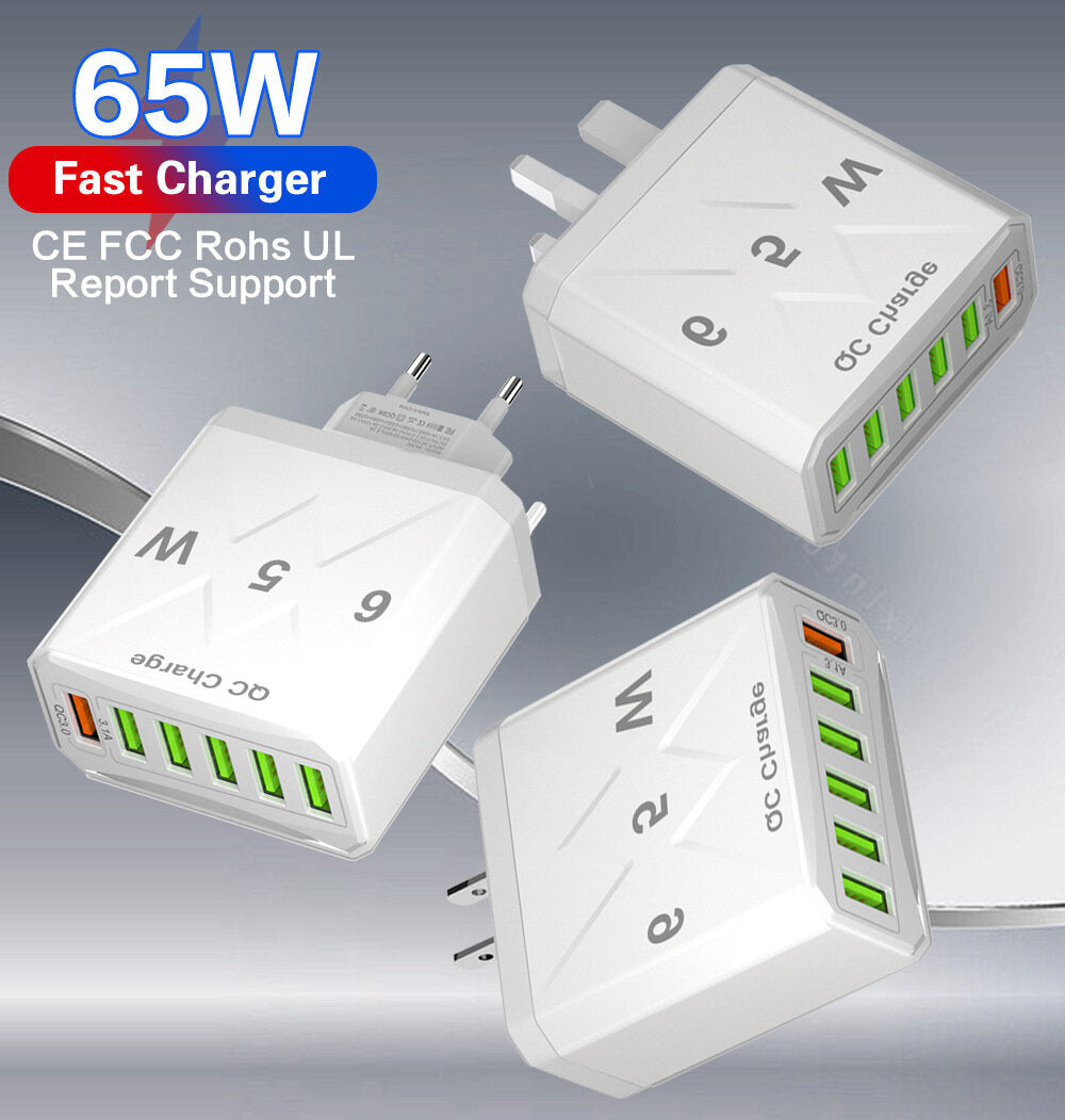 65 W 6-Port USB-Ladegerät, QC3.0-Schnellladeadapter für iPhone, Samsung, Huawei, Oppo, Redmi