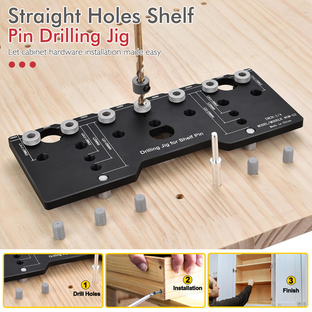 Adjustable Aluminum Alloy Cabinet Hardware Jig with 2 PCS 1/4 Inch Drill Bits - Woodworking Shelf Pin & Pocket Hole Guide