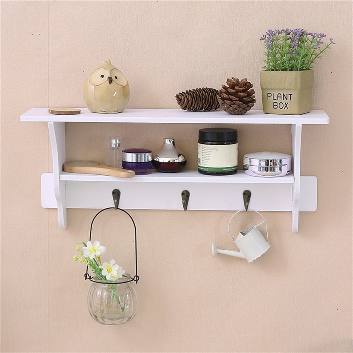 2-Tier Wall Mount Shelf with Hooks - Ornament, Sundries Storage Holder & Organizer Rack