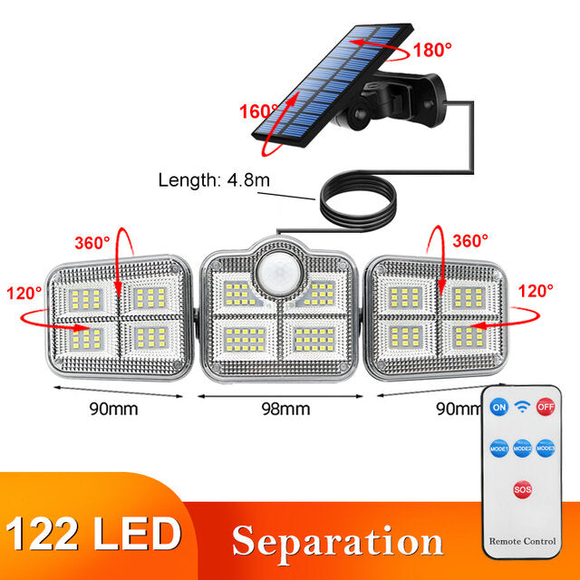 108/122/138/171 LED Solar Lights - 3 Head Motion Sensor, 270 Degree Wide Angle, Waterproof, Remote Control Wall Lamp