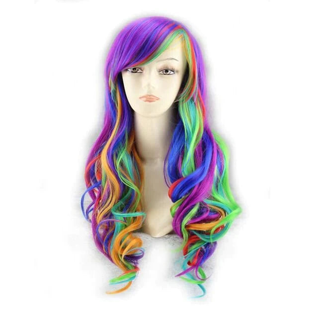 Rainbow Seven-Color Gradient Wave Cosplay Wig - Long Roll Style