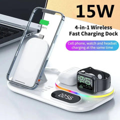 15W 4-in-1 Wireless Charger with Digital Clock & RGB Lights for iPhone, Samsung, Huawei, Xiaomi, AirPods, Apple Watch