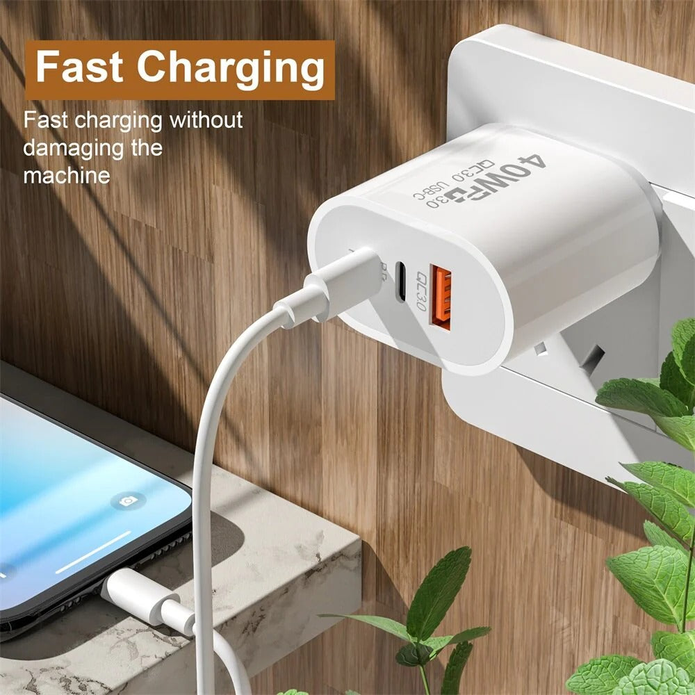 40W 3-Port USB PD Charger: Dual USB-C & USB-A Fast Charging Adapter for iPhone, Samsung, Huawei