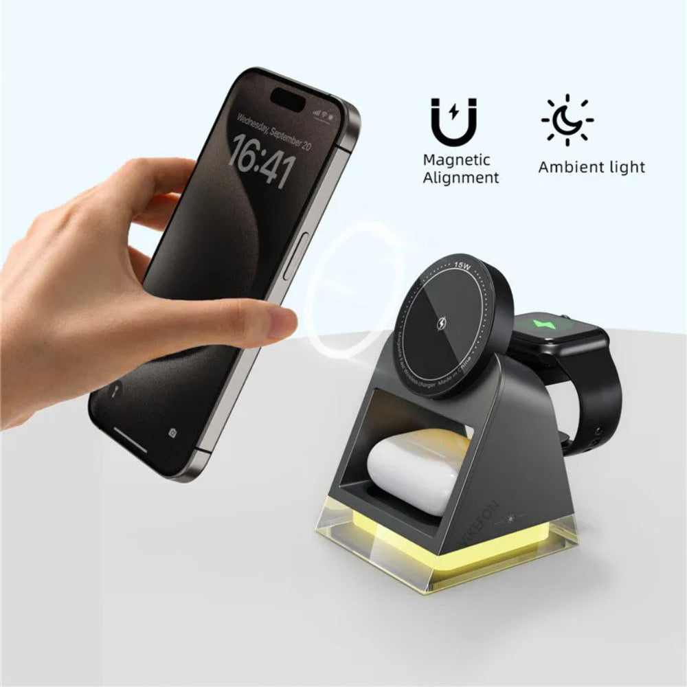 3-in-1 Magnetic Wireless Charger Stand with LED Light for iPhone, Apple Watch, and AirPods