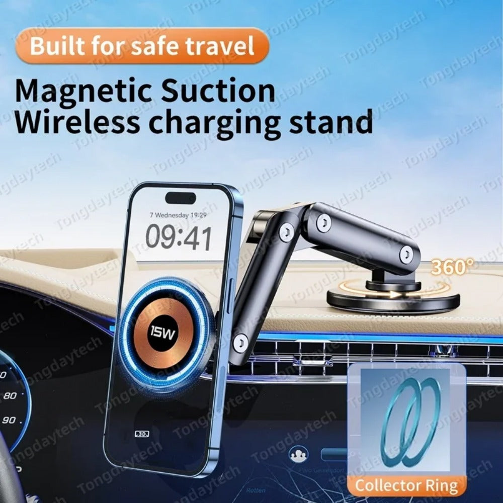 15W Magnetic Car Wireless Charger with 360 Degree Adjustable Stand for iPhone & Samsung