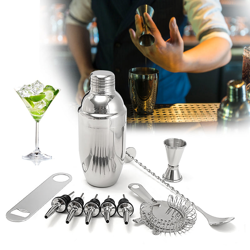 11-Piece Stainless Steel Bartender Set: Cocktail Shaker, Mixer, Martini Muddler, Pourer, Strainer