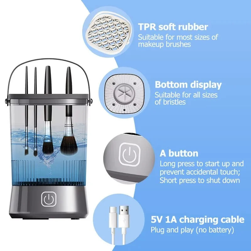 Elektrischer 3-in-1-Make-up-Pinselreiniger und UV-Sterilisator, Aufladen über USB-C, automatischer Pinselreiniger