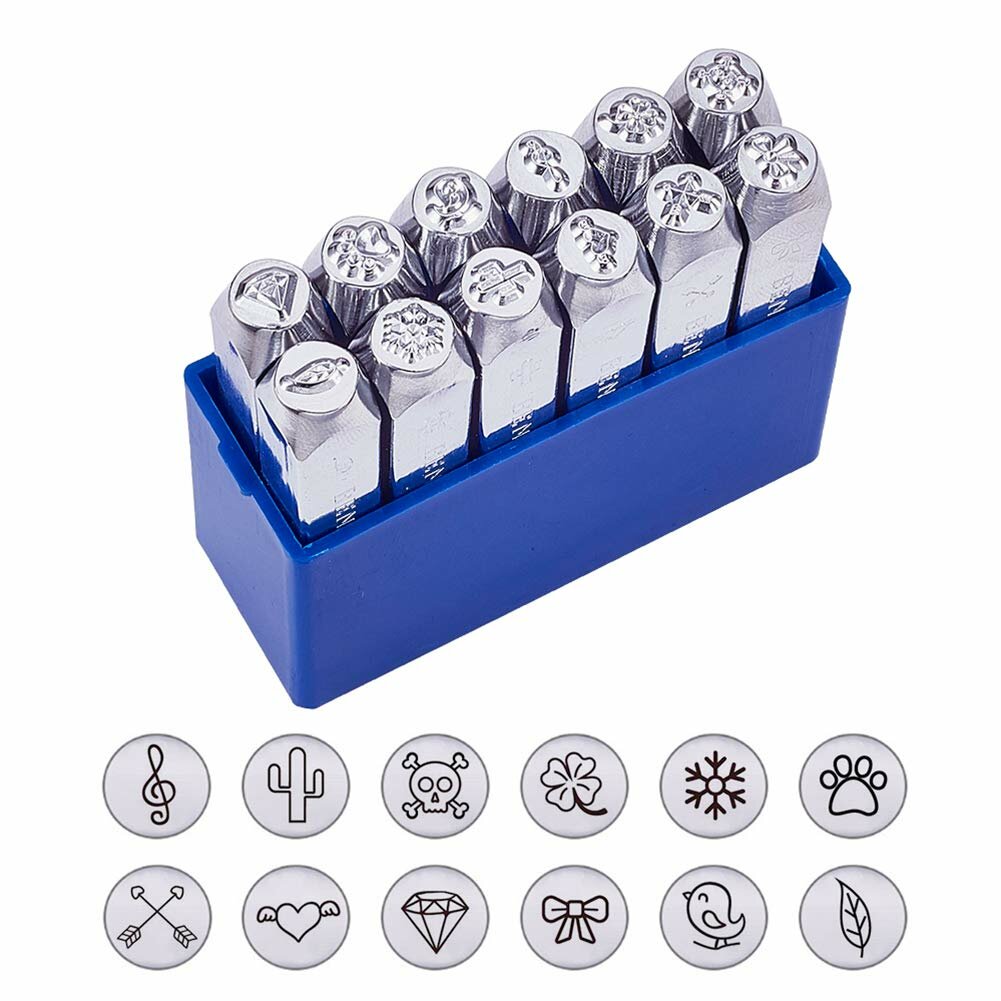 12 PCS Metal Design Stamps, 6mm 1/4" - Hard Carbon Steel Punch Tools for Metal, Jewelry, Leather Craft