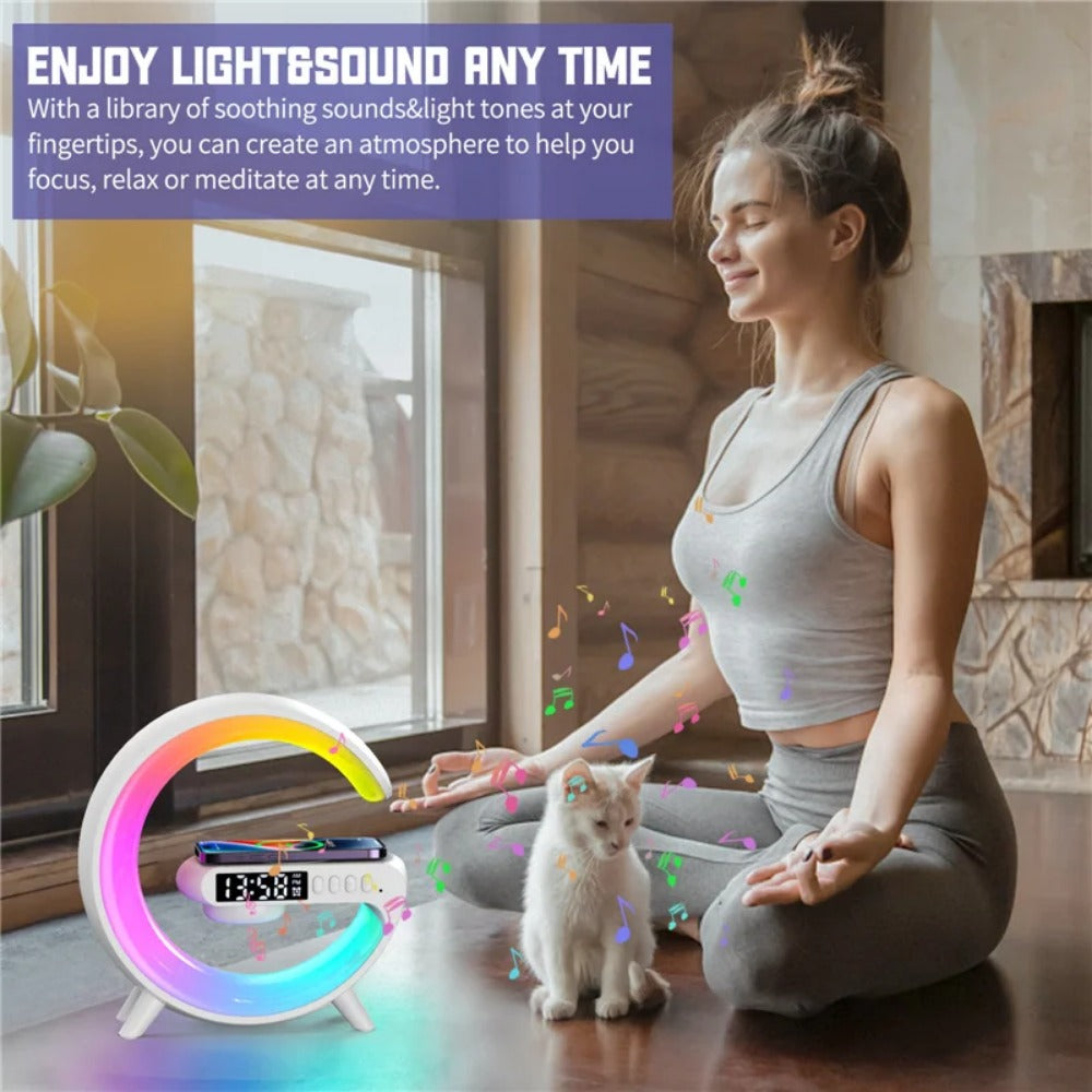 Wireless Charger Stand Speaker with RGB Night Light, Alarm Clock, Fast Charging for iPhone, Samsung, Xiaomi