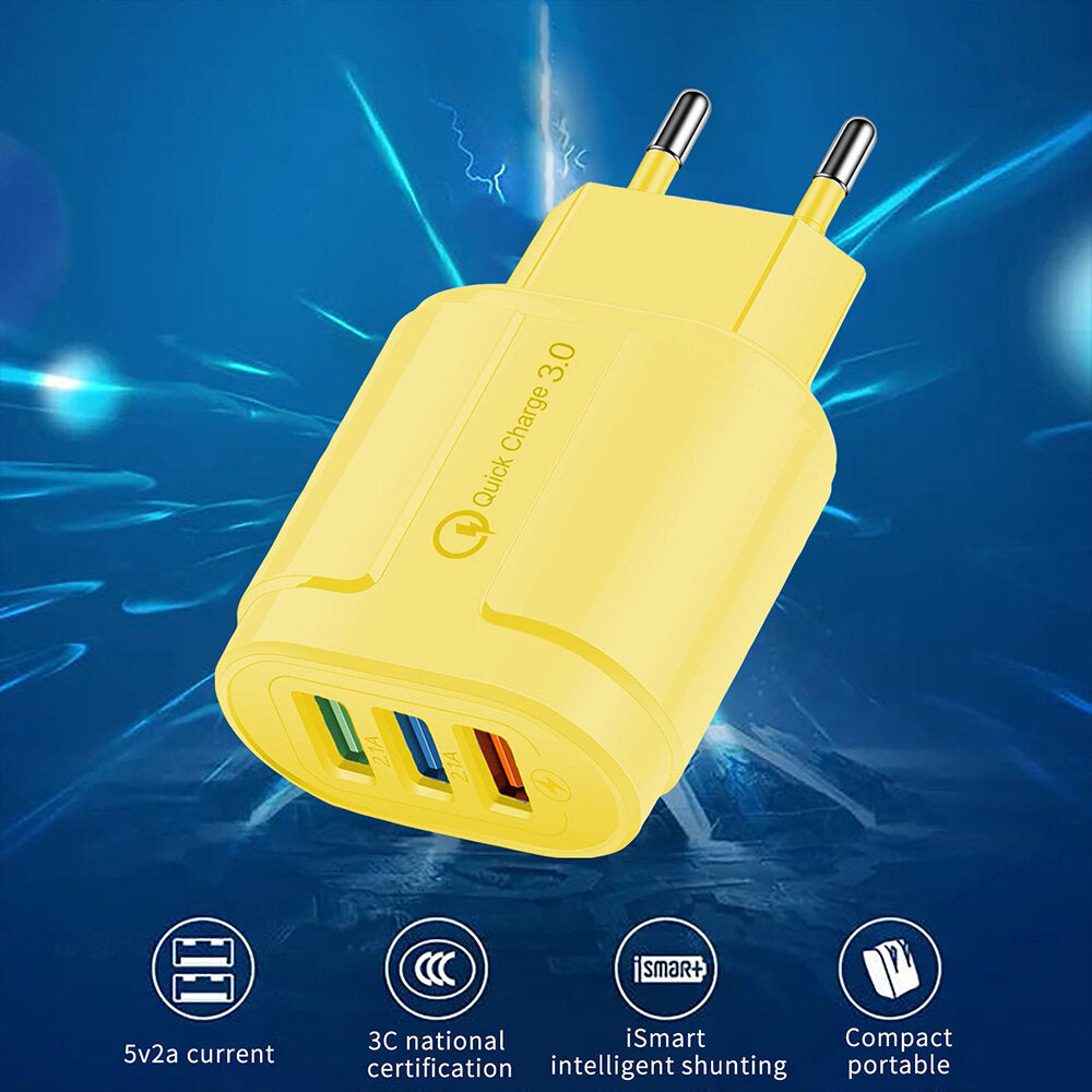 3-Port USB-Ladegerät 2.1A+QC3.0 Schneller Wandadapter EU-Stecker für iPhone, Huawei, Samsung, Xiaomi