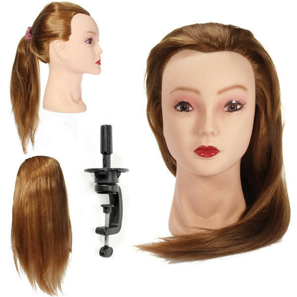 Golden Long Straight Hair Training Mannequin Head with Clamp Holder for Hairdressing, Cutting, and Braiding