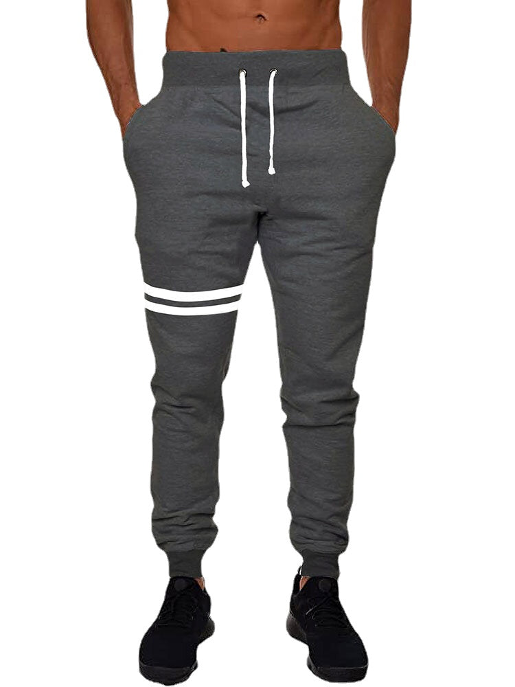 Men's Striped Casual Drawstring Fleece Cotton Knitted Sport Pants with Beam Feet