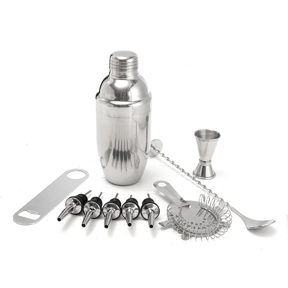 11-Piece Stainless Steel Bartender Set: Cocktail Shaker, Mixer, Martini Muddler, Pourer, Strainer