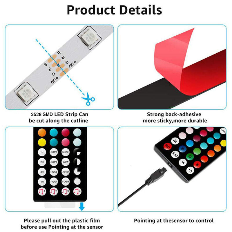 5M/10M 3528 SMD RGB LED Strip Light with Music Sync, Non-Waterproof, 44-Key IR Remote Controller Included