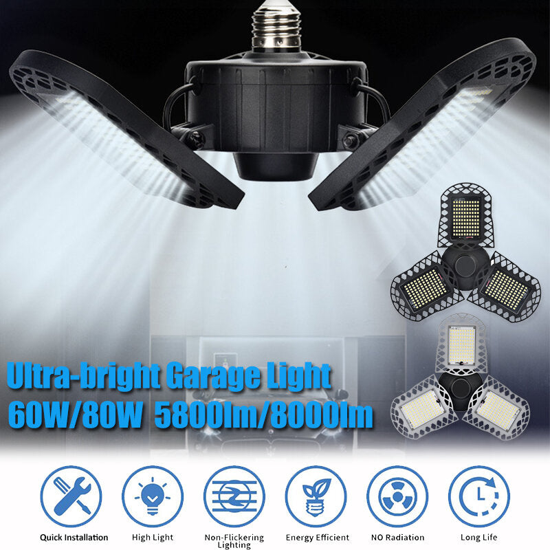 15/60/80W Deformable LED Garage Lights - Ultra-Bright Adjustable Ceiling Light, 96/300 LEDs, Aluminum/Plastic Options